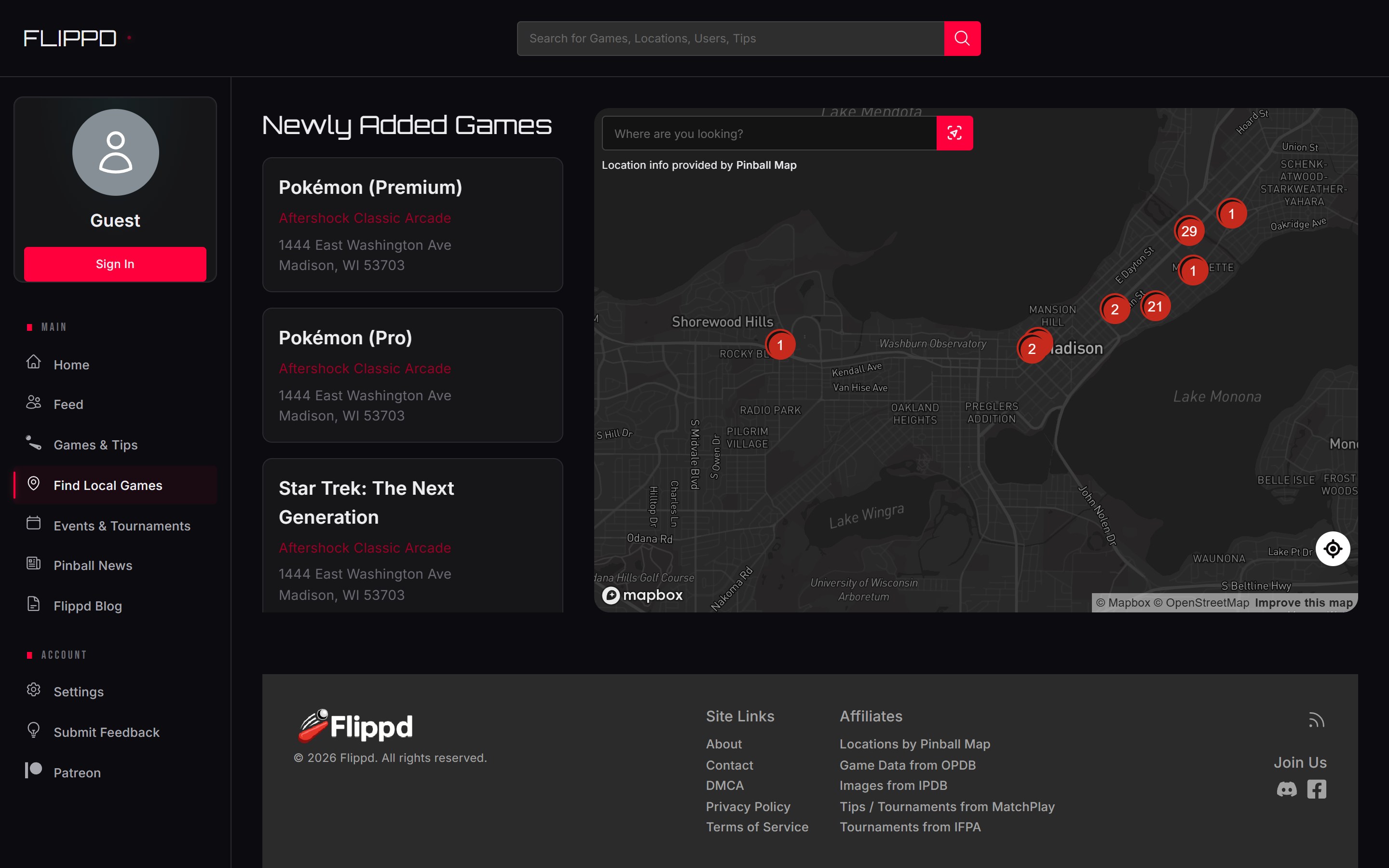A map of nearby pinball machines and locations on Flippd